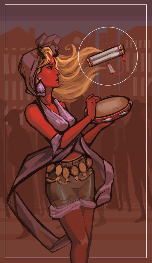 Bild von einer Zauberspruchverkäuferin mit roter Haut und blondem Haar.